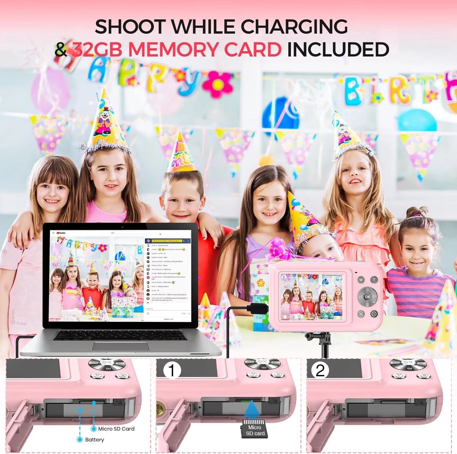 Digital Camera Kids Camera with 32GB Card FHD 1080P 44MP Vlogging Camera 16X Digital Zoom Portable Camera (Pink)